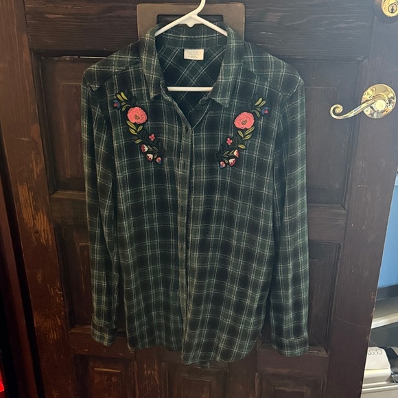 Abound Tops - Abound Plaid Shirt with Floral Embroidery